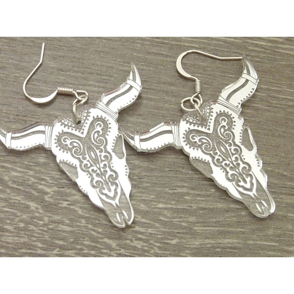 Sugar Skull Silver Bull Steer Earrings